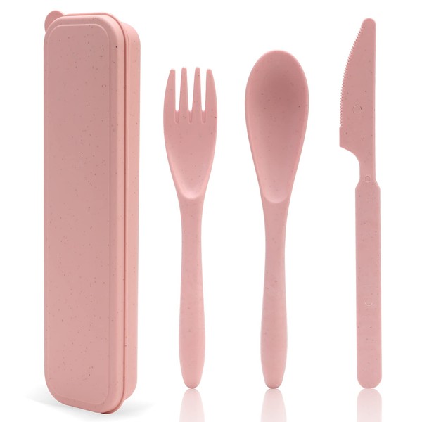 Portable Travel Cutlery Utensil Set 3PCS Reusable Pink Plastic Knife Fork Spoon with Case for Kid Student Outdoor Travel Picnic Office School Lunch Light Cutlery Camping Flatware Lunchboxes Daily Use