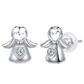 Hifeeled Angel Earrings Women's 925 Sterling Silver Stud Earrings for Women Original Jewellery Gift Mother Wife Daughter, Silver, Cubic Zirconia