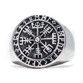 Windalf Rune Vikings Ring VEGVISIR 18 mm Viking Compass Signet Ring 925 Sterling Silver, Fabric jewellery bag