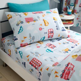 Happy Linen Company Girls Boys Kids Road Trip Transport Cars Blue Single Reversible Soft Easy Care Bed Linen Duvet Cover Quilt Bedding Set With Pillow Case