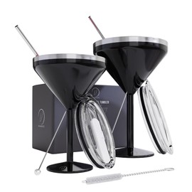 vaanshie 8 oz. Vacuum Sealed Martini Glass [Black/Set of 2] - Stainless Steel Martini Glass, Insulated Tumbler with Straws, Olive Pins, Straw Cleaner, Insulated Glass for Travelling | Drinkware