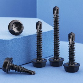 VGBUY 100Pcs #10 x 1-1/4" Self Drilling Screws for Metal,410 Stainless Steel Black Zinc Plated,Self Tapping Sheet Metal TEK Screws,Hex Washer Head