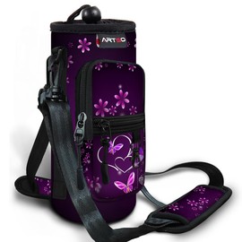 ARTSO Water Bottle Carrier Bag Sling Holder Pouch, 25oz 32oz 40oz 64oz Insulated Water Bottle Sleeve Case Cover with Adjustable Shoulder Hand Strap Pocket for Men Women, Purple Heart Butterfly