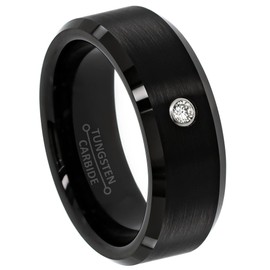0.07ct Men's Diamond Tungsten Carbide Ring 8mm Comfort Fit Beveled Black Tungsten Ring Anniversary Band Engagement Ring - 223WDs11.5