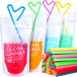 Teenitor 100Pcs Drink Pouches, Drink Pouches for Adults Alcohol, Drink Pouches with Straw Juice Pouches 100Pcs Straws, Liquor Bags Drink Bags For Smoothies Juices Stand Up Liquid Pouches 16oz