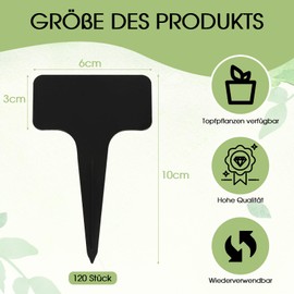 VEGCOO Pack of 120 Plant Signs for Outdoors, 6 x 10 cm, T-Type Weatherproof Plant Stakes, Plastic Plug-in Labels, Plant Signs with 2 Markers, Black Name Tags for Vegetables, Fruits, Flowers