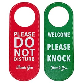 QINIZX 2 Pack Do Not Disturb Door Hanger Sign, PU Leather Double Sided Welcome Please Knock Sign, Please Do Not Disturb Sign for Office Home Clinic Dorm Hotel Online Class and Meeting Session (Red+Green)