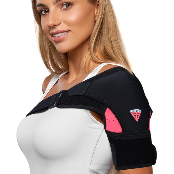Shoulder Brace - Support & Injury Prevention Brace- Joint Pain Releaser- Shoulder Compression Wrap Strap - Adjustable Injury Accessories for Shoulders - Premium Quality Strap by FIGHTECH (Pink, S-M)