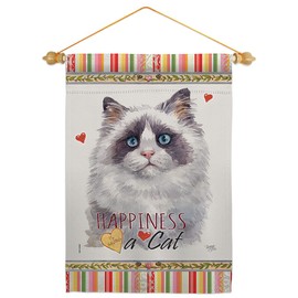 Blue Bicolor Ragdoll Happiness Garden Flag Set Wood Dowel Animals Cat Kitten Meow Spoiled Paw Fur Pet Nature Farm Animal Creature Small Gift Yard House Banner Double-Sided Made In USA 13 X 18.5