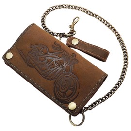 myledershop Real Buffalo Full Leather Landscape Format Biker Wallet / Purse / Wallet with Metal Chain with Removable Card Case with RFID & NFC Protection in 3 Colours, brown, biker