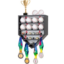 GYaozii Baseball Balls Display Case with Championship Rings Medals Holder, Solid Wooden Wall Mount Baseball Box for Balls, Rings, Medals, Trophies Collection Black