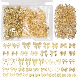 250 Pcs Gold Bow Nail Charms Studs, 10 Styles 3D Golden Nail Bows Charms, Small Cross Moon Nail Art Studs, Gold Alloy Bowknot Charms for Nail Art Supplies DIY Accessories