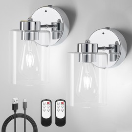 Battery Operated Wall Sconces Set of Two, Chrome Sconces with Remote, Magnetic Wireless Wall Lights with Bulbs, Rechargeable Sconce for Bedside, Bathroom (White Light)