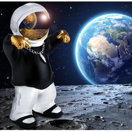 BRUBAKER Decorative Astronaut with Black Hoodie in Cool Pose - 21 cm Spaceman Space Figure with Chrome-plated Helmet and Silver Chain - Hand-Painted Statue - Gold, Black and White
