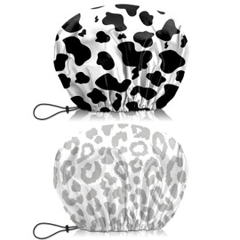 BHAHB 2 PCS Shower Cap Waterproof Double Layer Elastic Adjustable Reusable Hair Bath Caps for Girls Women Cute Aesthetic-Cow Leopard