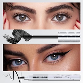 Apooliy Black Mascara and Liquid Eyeliner Duo,Waterproof, Smudge-Proof, All-Day Wear Eye Makeup Set for Bold, Dramatic Eyes（2Pcs）
