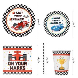 Racing Car Party Supplies Decorations, Checked Race Car Theme Birthday Paper Plates and Napkins Set with Cups and Straws for 24 Guests, 120 Pcs Disposable Party Dessert Dinnerwares