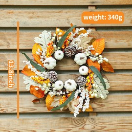 UgyDuky Fall Wreath for Front Door – 13.7 Inch Autumn Wreath with White Pumpkins, Maple Leaves, Pinecones & Berries – Thanksgiving Harvest Wreath for Indoor Outdoor Wall Farmhouse Decor