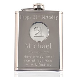Men's 21st Birthday Stainless Steel Engraved Hip Flask with '21' Feature