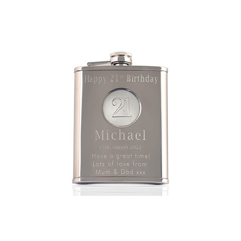 Men's 21st Birthday Stainless Steel Engraved Hip Flask with '21'