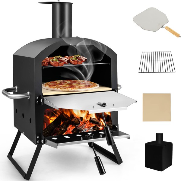 Giantex Outdoor Pizza Oven Wood Fired, 2-Layer Pizza Maker with Pizza Stone, Pizza Peel, Removable Cooking Rack, Waterproof Cover, Folding Legs, Outside Pizza Ovens for Camping Backyard BBQ (28 Inch)