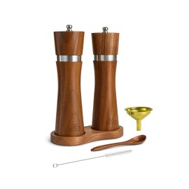 Acacia Wood Salt & Pepper Grinder Set – 8" Manual Adjustable Mills – Wooden Pepper Mill Gift Set with Funnel, Spoon & Brush – Eco-Friendly Kitchen Spice Grinder