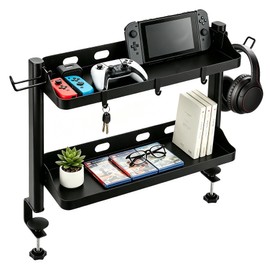 Clamp On Desk Shelf Organizer, 2-Tier Storage with Hooks