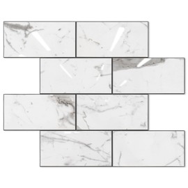 STICKGOO Subway Tile Peel and Stick Backsplash, Glossy White Marble PVC Self Adhesive Tile Backsplash, Stick on Tile for Kitchen and Bathroom(10 Sheets)