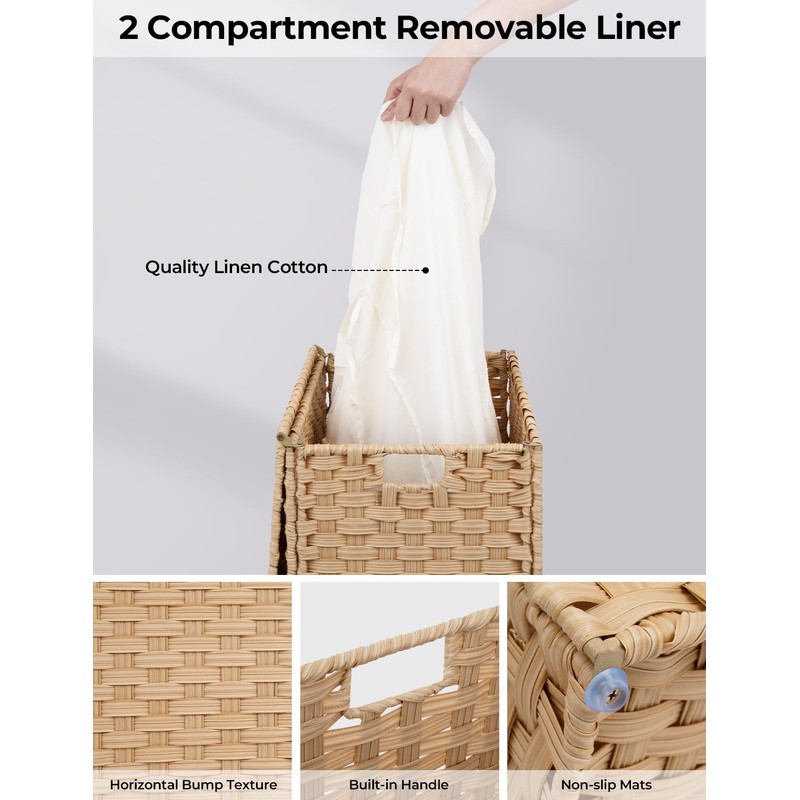 StorageWorks 130L Wicker Laundry Hamper with Lid, 2 Section Wicker