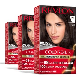 REVLON Revlon ColorSilk with Bond Repair Complex, Permanent Hair Color, 100% Gray Coverage, Ammonia Free Hair Dye, Vegan Keratin, 20 Brown Black (Pack of 3)