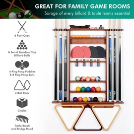 XCSOURCE Pool Cue Rack, 2-in-1 Pool Stick & Ping Pong Paddle Holder, 100% Solid Pine Wood Wall Mount Holds Billiards and Table Tennis Accessories for Man Cave, Billiard Room, Game Room