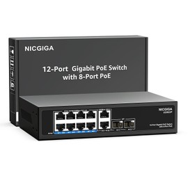 12 Port Gigabit PoE Switch Unmanaged with 8 Port IEEE802.3af/at PoE+@120W, 2 x 1000Mbps Uplink + 2 x 1G SFP, NICGIGA 8 Port Network Power Over Ethernet Switch, Desktop/Wall-Mount.