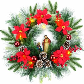 YULETIME 20" Pre-Lit Nativity Wreath, Battery Operated with 10 Fairy Lights, Holy Family Nativity Statue, Star of Bethlehem, Pine Cones, Red Poinsettia & Berries, Pine Needles (Nativity Poinsettia)