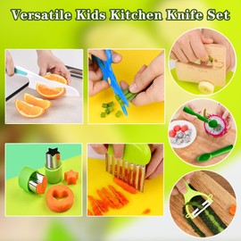 13PCS Kids Kitchen Knife Set, Wooden Toddler Safe Knives For Real Cooking With Plastic Knife, Cutting Board, Sandwich Cutter, Crinkle Cutter, Y Peeler, Fruit Scoop, Plastic Scissors Kitchen Tools