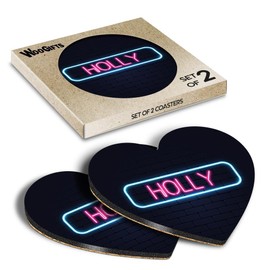 2 x Heart Coasters - Neon Sign Design Holly Name Cork Backed MDF Glossy Tea Coffee Accessory #353035