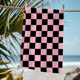 KSDUT Checkered Plaid Pink and Black Modern Summer Beach Towel - Mid Century Vintage Plaid Decor Pool Towels Microfiber Absorb Water Travel Towels 60x30 Inches for Spa Bathroom Gym