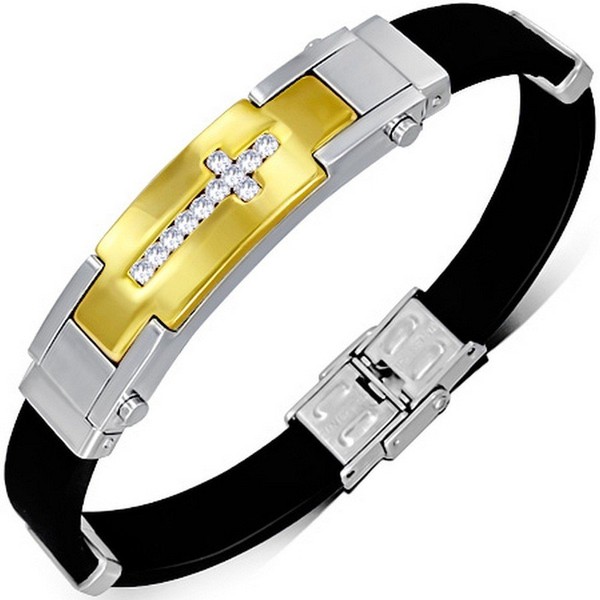 My Daily Styles Stainless Steel Black Rubber Two-Tone White CZ