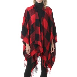 Zando Tassel Buffalo Plaid Ponchos for Women Classic Vintage Shawls and Wraps Elegant Soft Fashion Shawl Warm Blanket Poncho Open Front Cape Poncho Buffalo Red One Size