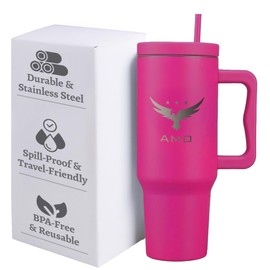 AMO 40 oz Tumbler With Handle and Straw - Vacuum Insulated Double Wall, Stainless Steel, Travel Friendly Water Bottle, Keeps Drinks Hot or Cold, Leak-Proof Design, Ideal for Outdoor & Daily Use- Pink