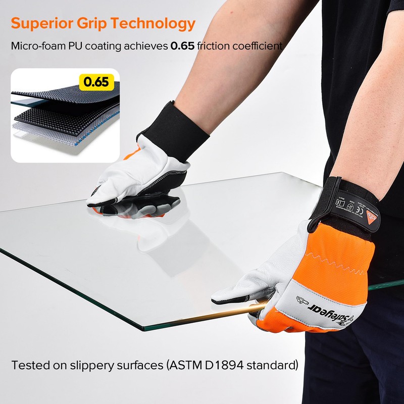 SAFEYEAR Chainsaw Gloves, L, White Cowhide & PVC Reinforced, EVA