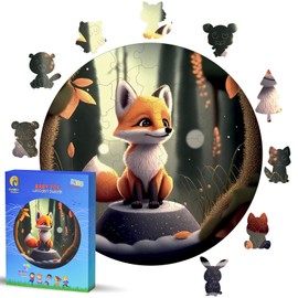 Wooden Puzzle for Children from 4 Years - Round Children's Puzzle Wooden 50 Pieces - Wooden Puzzle Animals for Girls or Boys - Wooden Puzzle - Birthday Christmas Gifts (Fox)