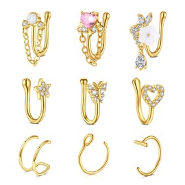 AVYRING Fake Nose Ring CZ Dangle Nose Cuffs Gold Faux Septum Flower Opal Heart Clip on Nose Jewelry for Women Non Pierced Jewelry