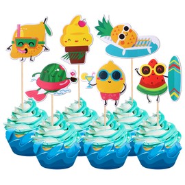 36 piezas de decoración tropical para magdalenas Luau de playa tropical, fruta, sandía, piña, helado, limón, cupcakes, palillos para verano, hawaiano, Luau, tropical, Aloha, playa, temática, cumpleaños, fiesta, decoración de tartas. suministros