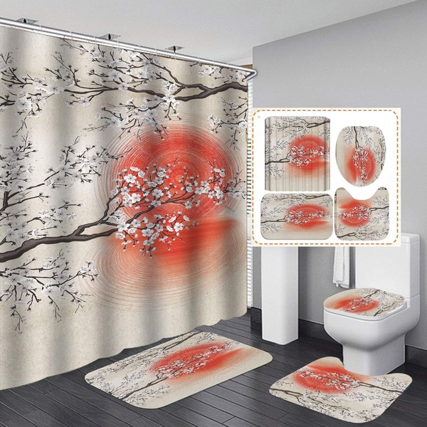 YUAOEUR Asian Floral Japanese Style Shower Curtain Chinese Painting Cherry Blossom 3D Print 4 Pieces White Little Flowers on Twig Red Sun Oriental Bathroom Sets with Rugs Fabric Bathroom Decor