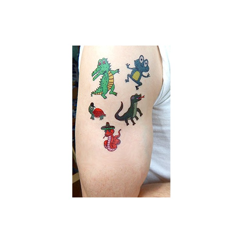Premium Reptile Temporary Tattoos, Party Favors: Crocodile, Turtle, Frog, Chameleon,
