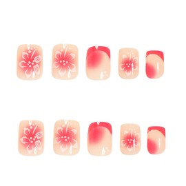 BABALAL Press on Nails Short Square Fake Nails Hot Pink Summer Glue on Nails French Tip Acrylic Nails Flower False Nails Art Design 24pcs Squoval Manicure Full Cover Artificial Nails for Women Girls