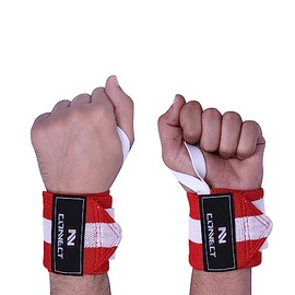 CONNECT Gym Wrist Straps Unleash Your Inner Strength with Our Extra Stiff Weightlifting Wrist Wraps for Men & Women Cross Training, Fitness & Heavy Lifting Exercises (Red-White)