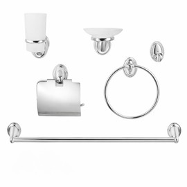 Set de 6 Accesorios de Baño Tury, Acero Inoxidable, Acabado Cromado, Incluye Toallero Barra 50 cm, Argolla, Gancho, Porta Papel, Jabón y Cepillo