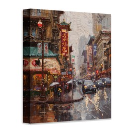 Rainy Day - San Francisco Chinatown-16x20 Unframed Poster-Urban Elegance Oil Painting, Abstract Cityscape, Moody Impressionist Downtown Art, Chinatown Architecture for Living Room, Condo, or Apartment