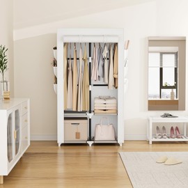 VTRIN Portable Closet Wardrobe Closet for Hanging Clothes with 4 Storage Shelves, 2 Hanging Rods and 6 Pockets, Stable and Easy Assembly Clothes Rack with Cover Free Standing Closet, White